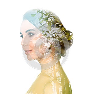 Beautiful woman and trees on background. Double exposure