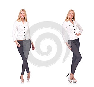 The beautiful woman in trousers isolated on white