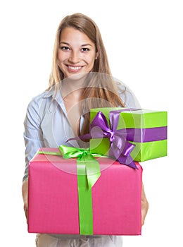 Beautiful woman with two gifts for christmas