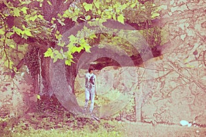 Beautiful woman under the massive maple tree, sketch