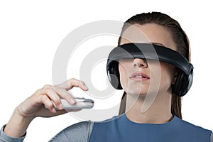 Beautiful woman using virtual reality headset
