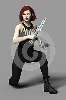 Beautiful woman vampire in a kneeling action pose holding two blades