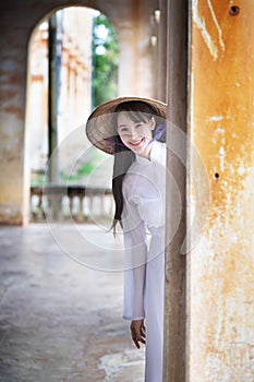 Beautiful woman with Vietnam culture traditional dress, Ao dai