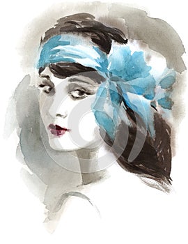 Beautiful Woman Vintage Twenties Style Watercolor Hand Painted Fashion Illustration