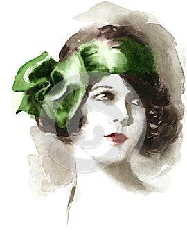 Beautiful Woman Vintage Twenties Style Watercolor Hand Painted Fashion Illustration