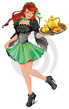 Beautiful woman waiter carries tray with tea photo