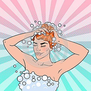 Beautiful Woman Washing her Head with Shampoo. Morning Shower. Pop Art illustration
