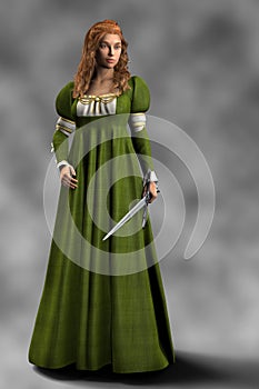 Beautiful woman wearing a green linen renaissance style dress and holding an ornate sword