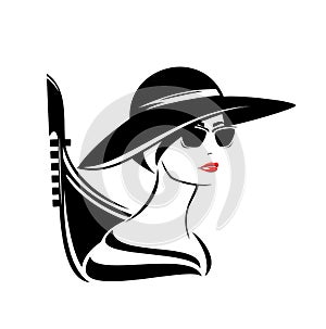 Beautiful woman wearing hat and sunglasses with venetian gondola boat black vector portrait