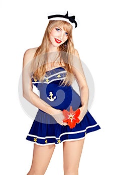 Beautiful woman wearing sailor striped dress