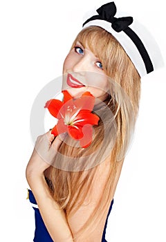 Beautiful woman wearing sailor striped dress