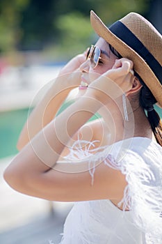 Beautiful woman wearing sunglasses toothy smiling face with happiness