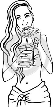 Beautiful woman wearing a swimsuit drinking cocktail with carambola fruit. Summer tropical vacation sketch illustration.