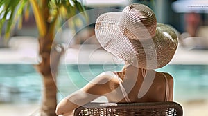 A Beautiful Woman Wears a Beach Hat as a Guard Against UV Light, Ensuring a Vacation Free from Skin Concerns