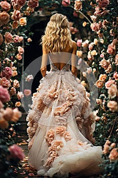a beautiful woman in a wedding dress walking through some flowers