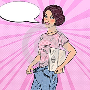 Beautiful Woman with Weights and Big Jeans Happy of Dieting Results. Healthy Lifestyle. Pop Art illustration