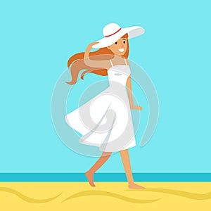 Beautiful woman in a white dress and beach hat against a bright blue sky and sea on a holiday beach