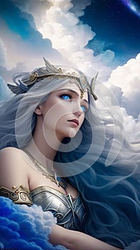 A beautiful woman with white hair, a crown with flying wings.