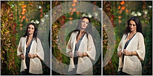 Beautiful woman in white posing in autumnal park. Young brunette woman spending time in autumn near a tree in forest