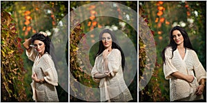 Beautiful woman in white posing in autumnal park. Young brunette woman spending time in autumn near a tree in forest