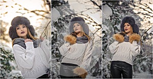 Beautiful woman in white pullover with over-sized fur cap enjoying the winter scenery in forest. Blonde girl posing
