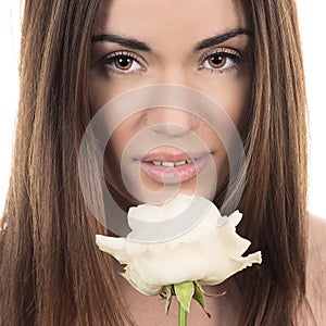 Beautiful woman with white rose