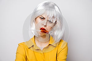 beautiful woman in white wig lollipop fashion