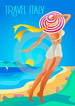 Beautiful woman in a wide-brimmed hat on a tropical beach. The lake shore, the mountains. Holiday on the French Riviera, Liguria