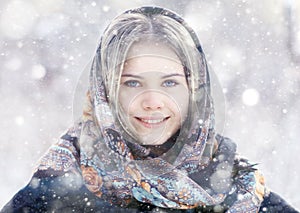 Beautiful woman at winter nature