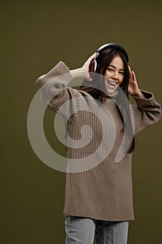 beautiful woman wireless headphones music fun technology isolated background