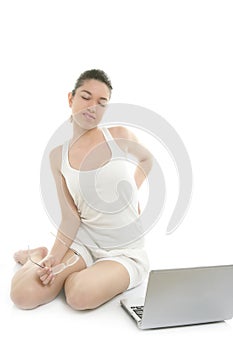 Beautiful woman working laptop, back ache