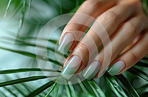 Beautiful woman& x27;s hand with gray manicure holds a palm leaf on a light background in a closeup view. French nail art