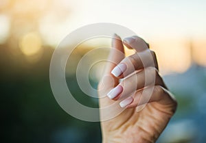 Beautiful woman& x27;s nails with beautiful french manicure ombre peach and white