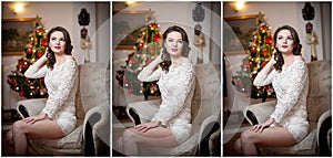 Beautiful woman with Xmas tree in background sitting on elegant chair in cozy scenery. Portrait of girl posing pretty