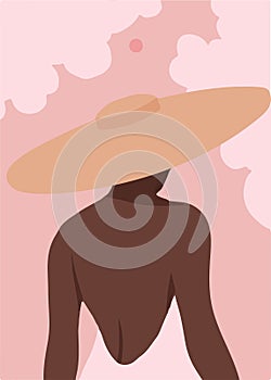 Beautiful  woman in the yellow hat with a wide brim. Black strong girl on pink background,  back view. Vector illustration