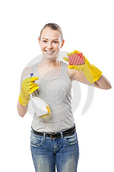 Beautiful woman in yellow rubber gloves over white