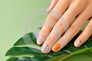 Beautiful womans hand with minimal nail design on green background. Manicure, pedicure beauty salon concept