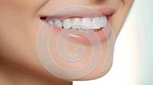 Beautiful womans smile with healthy white, straight teeth close-up on light background with space for text