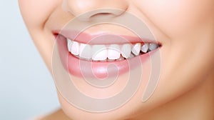 Beautiful womans smile with healthy white, straight teeth close-up on light background with space for text