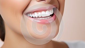 Beautiful womans smile with healthy white, straight teeth close-up on light background with space for text