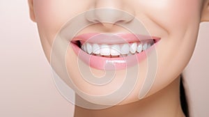 Beautiful womans smile with healthy white, straight teeth close-up on light background with space for text