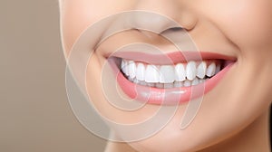 Beautiful womans smile with healthy white, straight teeth close-up on light background with space for text