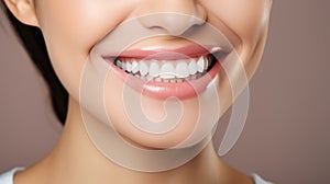 Beautiful womans smile with healthy white, straight teeth close-up on light background with space for text