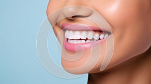 Beautiful womans smile with healthy white, straight teeth close-up on light-blue background with space for text
