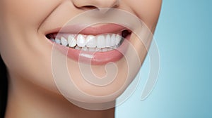 Beautiful womans smile with healthy white, straight teeth close-up on light-blue background with space for text