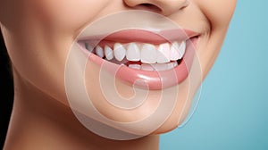 Beautiful womans smile with healthy white, straight teeth close-up on light-blue background with space for text