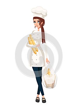 Beautiful women chef with brown hair, women hold bag with bread. Bakery young female chef. Cartoon character design. Flat