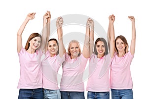 Beautiful women of different ages with pink ribbons on white background. Breast cancer concept