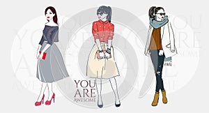 Beautiful women in a fashion retro clothes in glasses with bag. Vector hand drawn illustration.