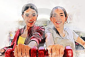 Beautiful women friendship sport sexy on watercolor illustration painting background.